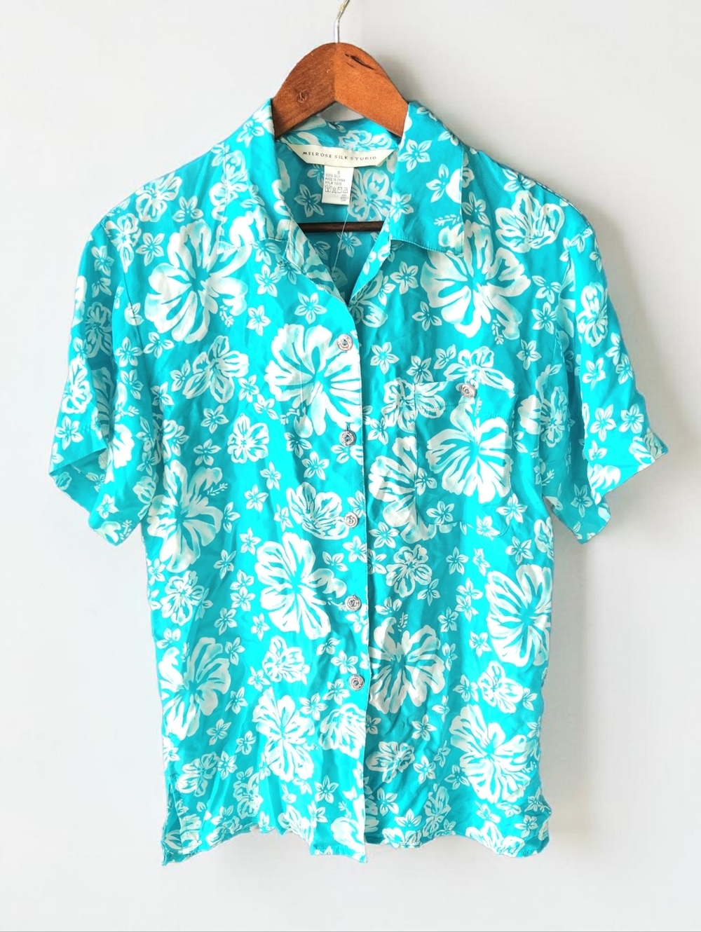 Vintage Melrose Sueded Silk Hibiscus Button Up Shirt Womens S Turquoise White